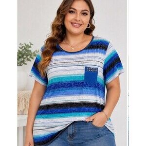 Tru Self Women’s 3X Striped Blouse Blue White Studded Pocket Short Sleeve Top